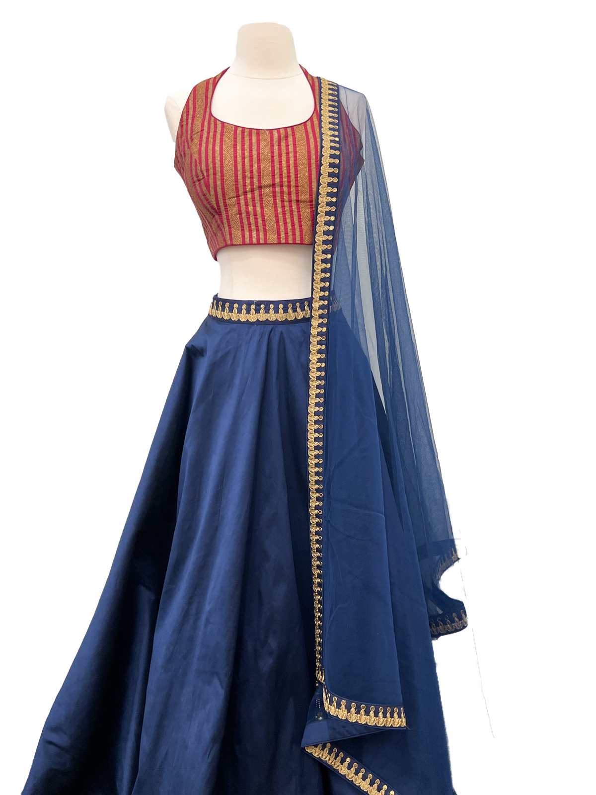 Blue Silk Lehenga with Striped Red &amp; Gold Blouse