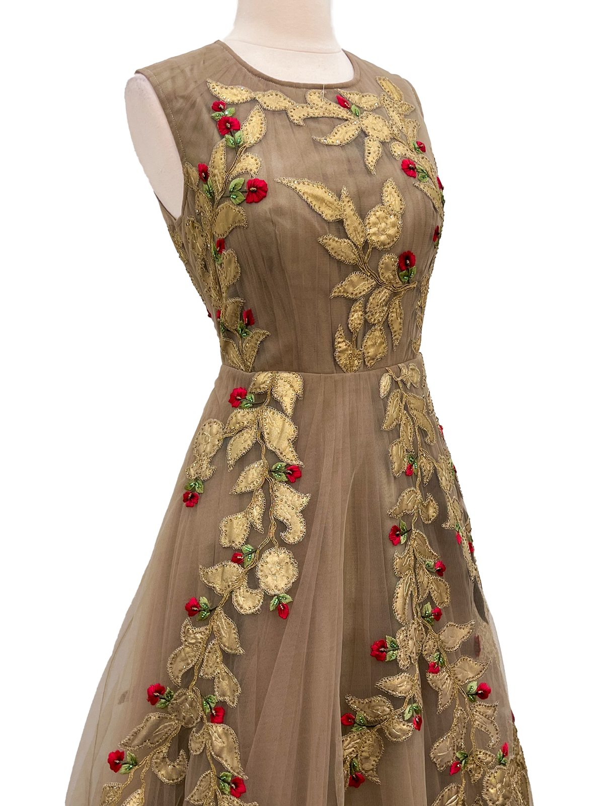 Tan Gown with Gold &amp; Rose Detail