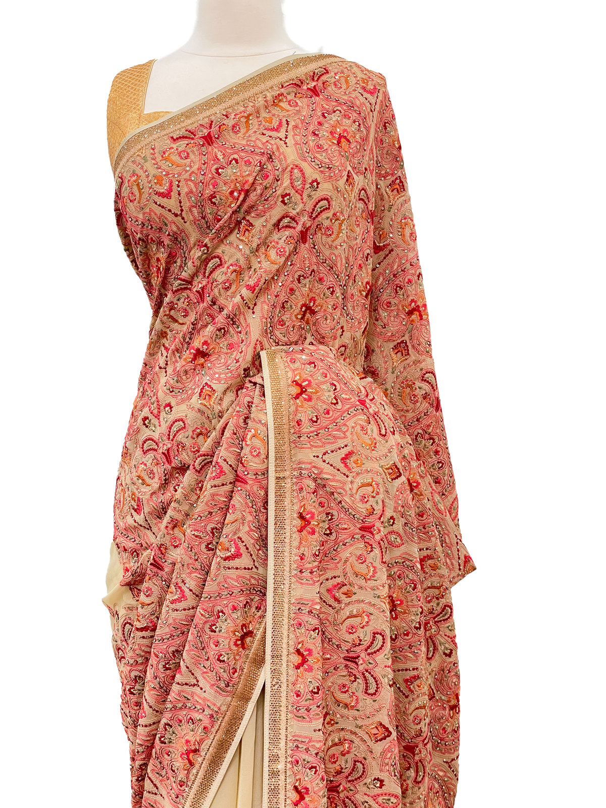 Tan &amp; Red Patterned Georgette Saree