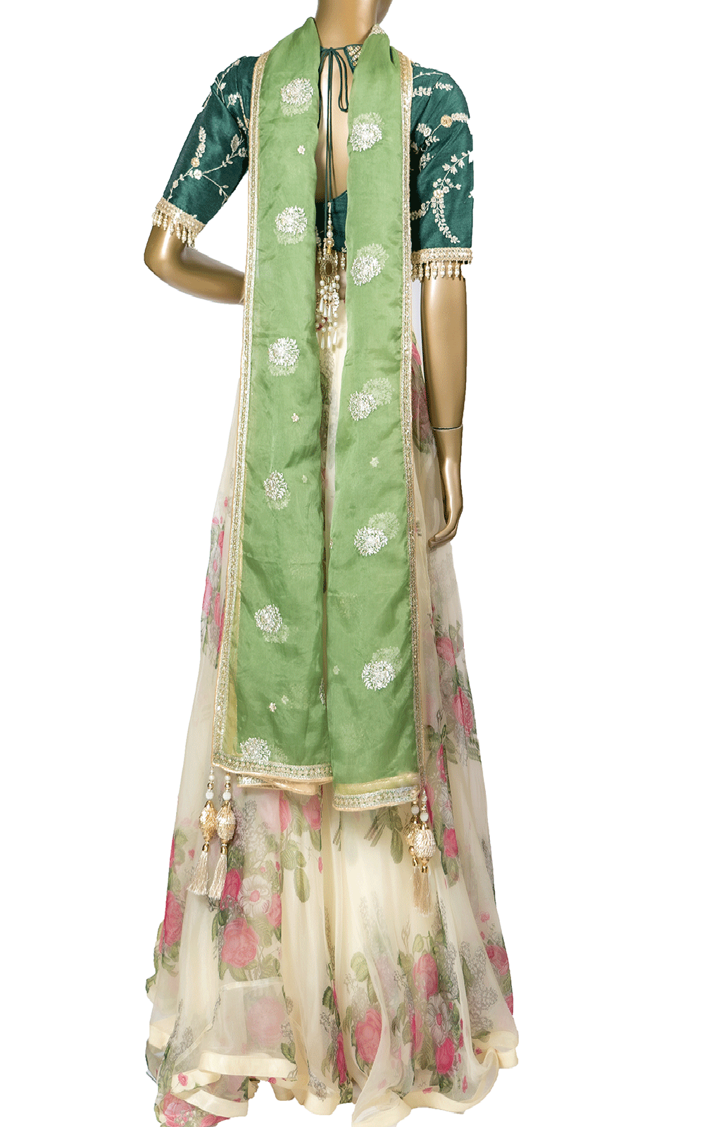 Green and Off White Floral Organza Lehenga