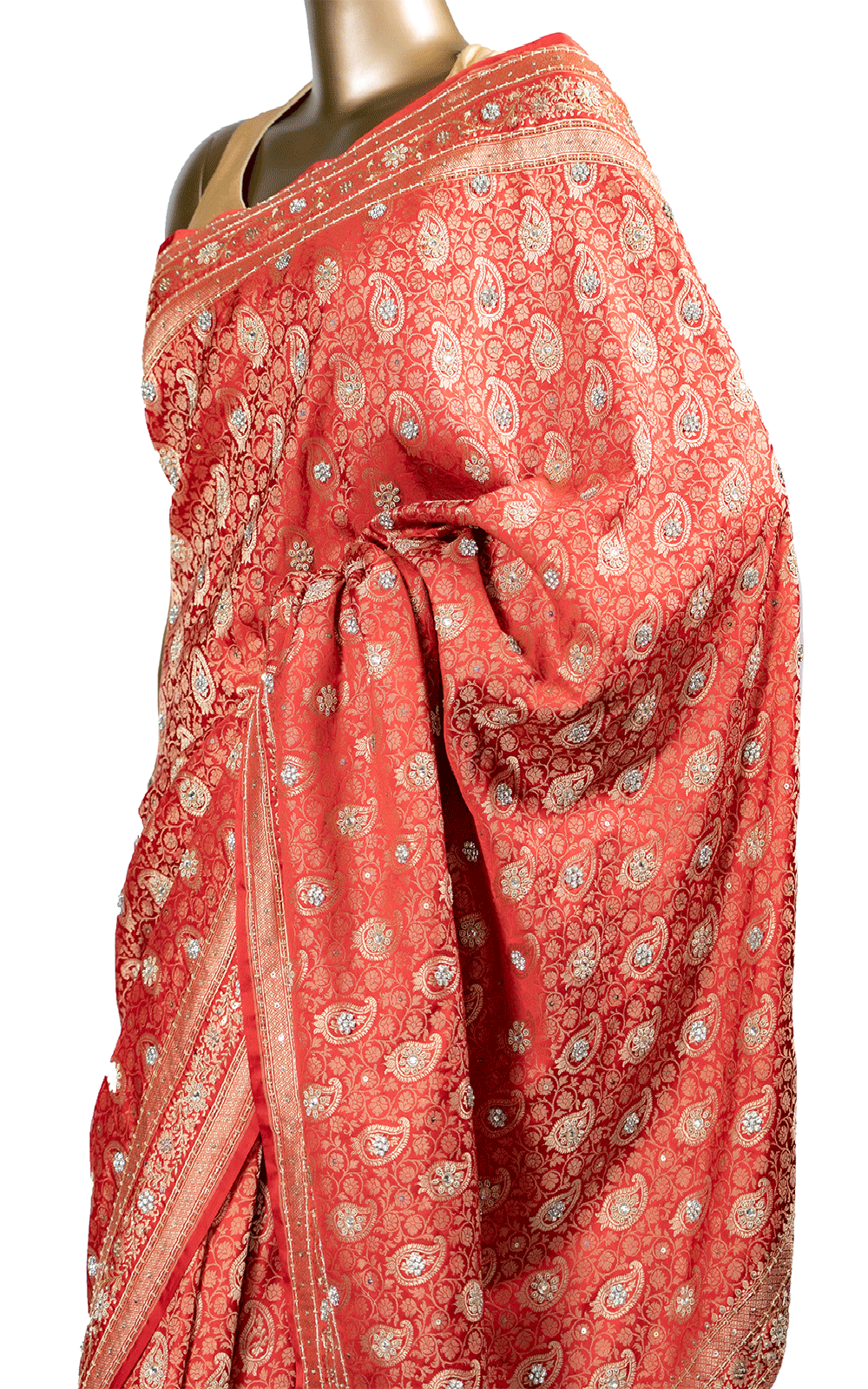 Red Banarsi Silk Saree with Stone Embroidery
