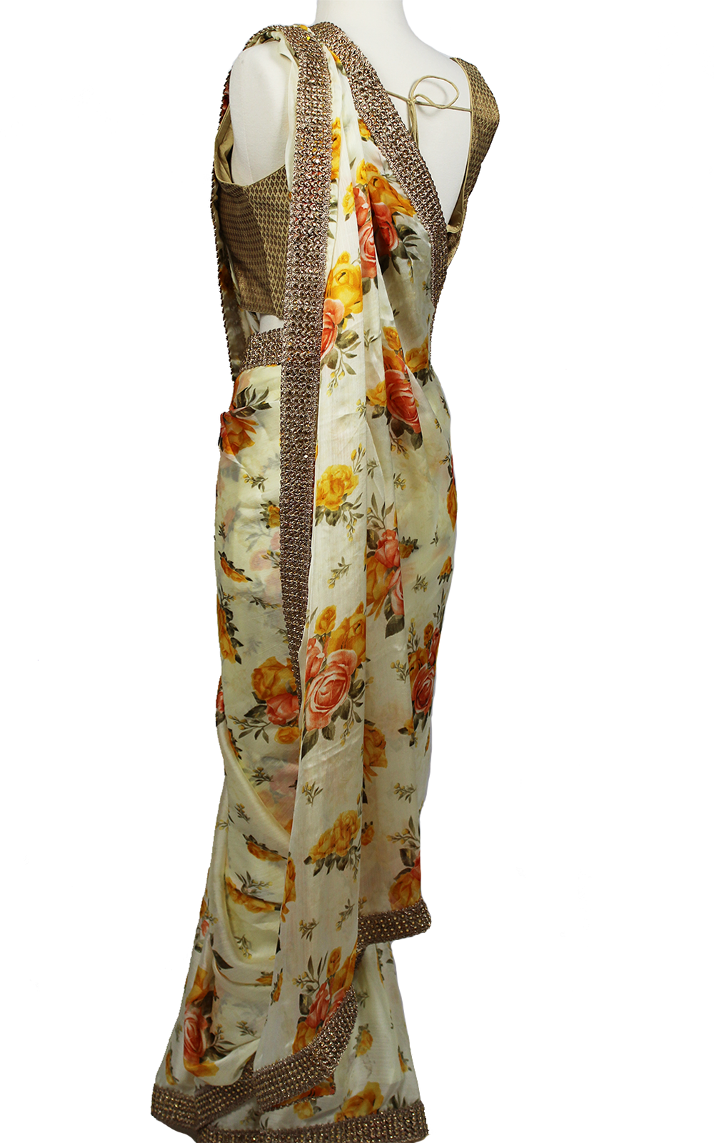 Floral Printed Saree with Gold Blouse