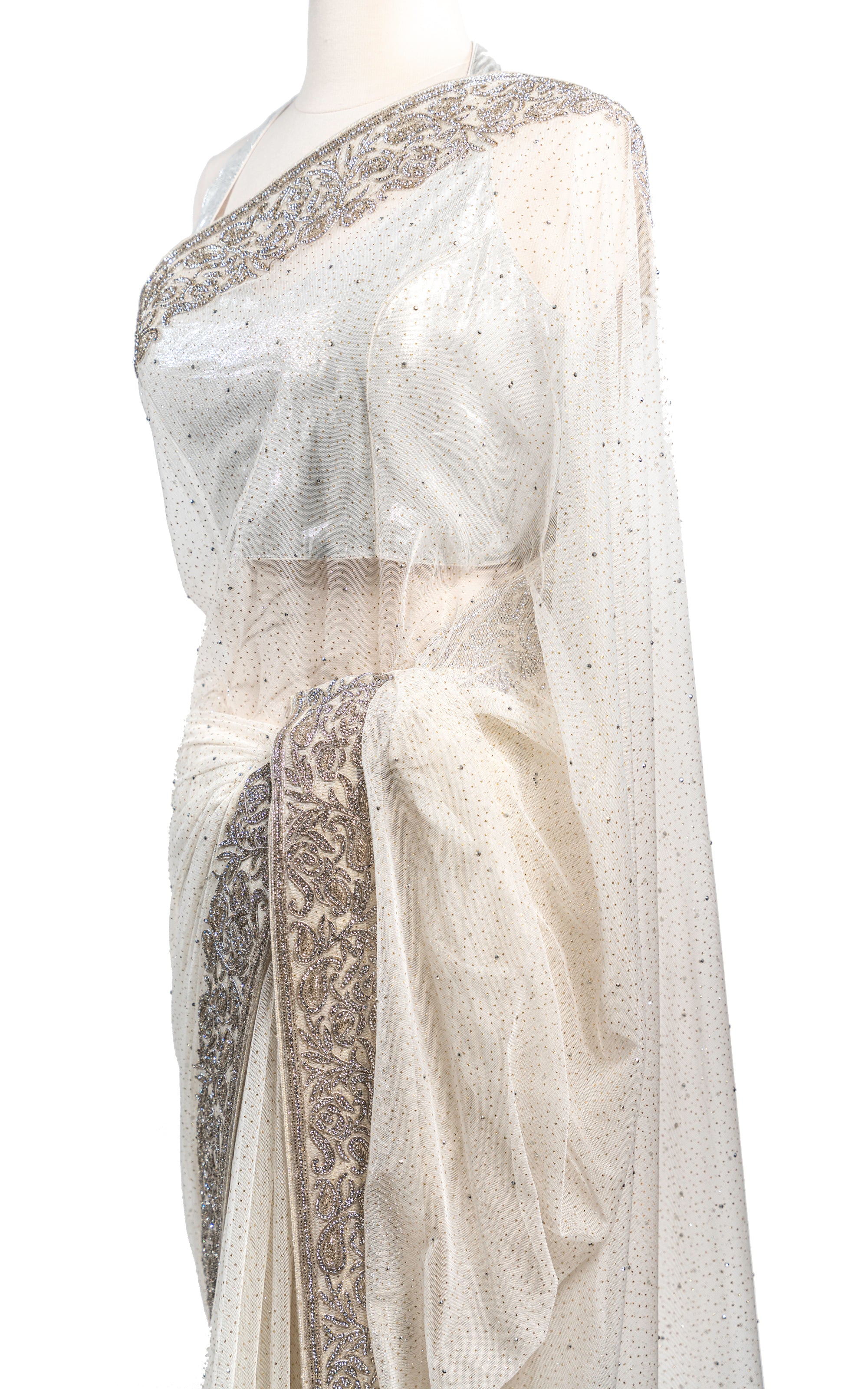 Silk Linen Roses Embroidery Saree - White with Zari Border