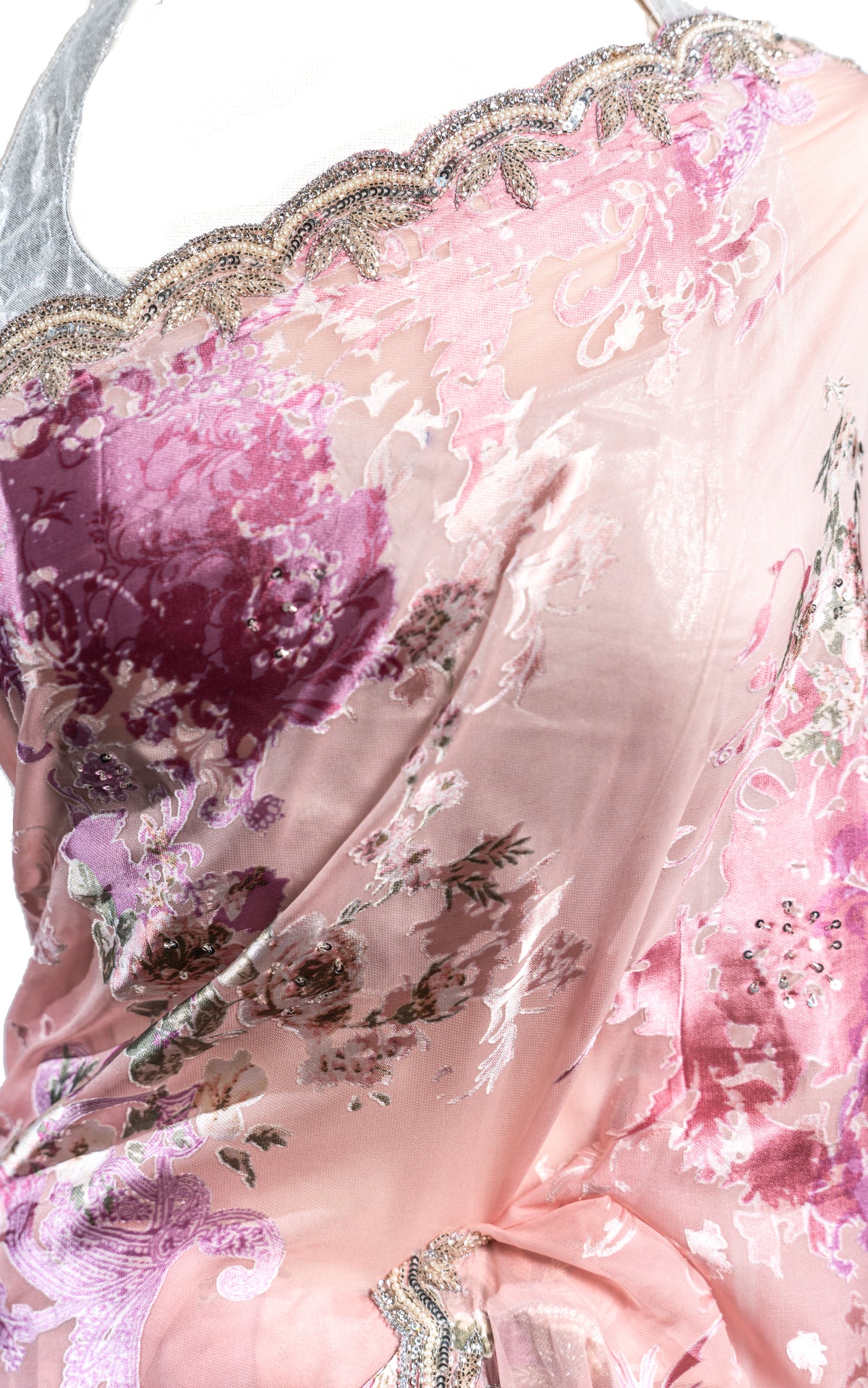 Floral Pink Satin Pearl and Cut Dana Saree