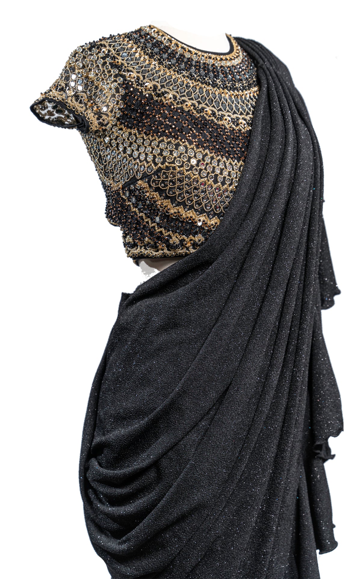 Black Sparkle Mirror Drape Frill Saree