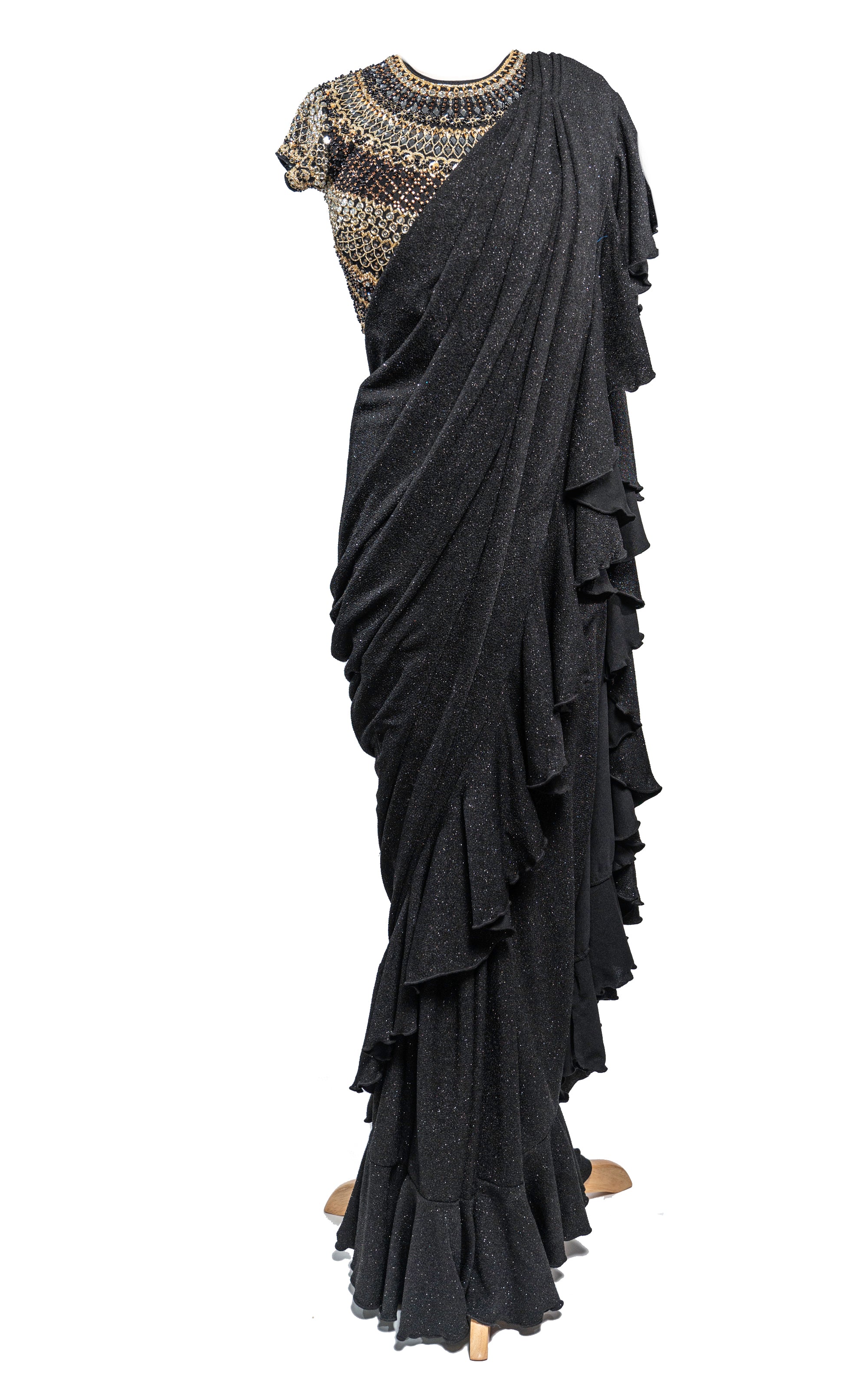 Black Ruffle Pre-Stitched Saree | WaliaJones