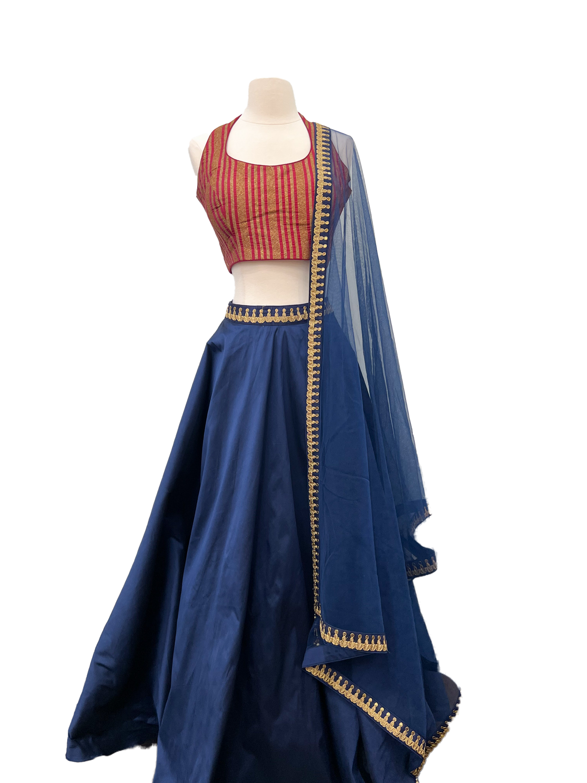 Blue Silk Lehenga with Striped Red &amp; Gold Blouse