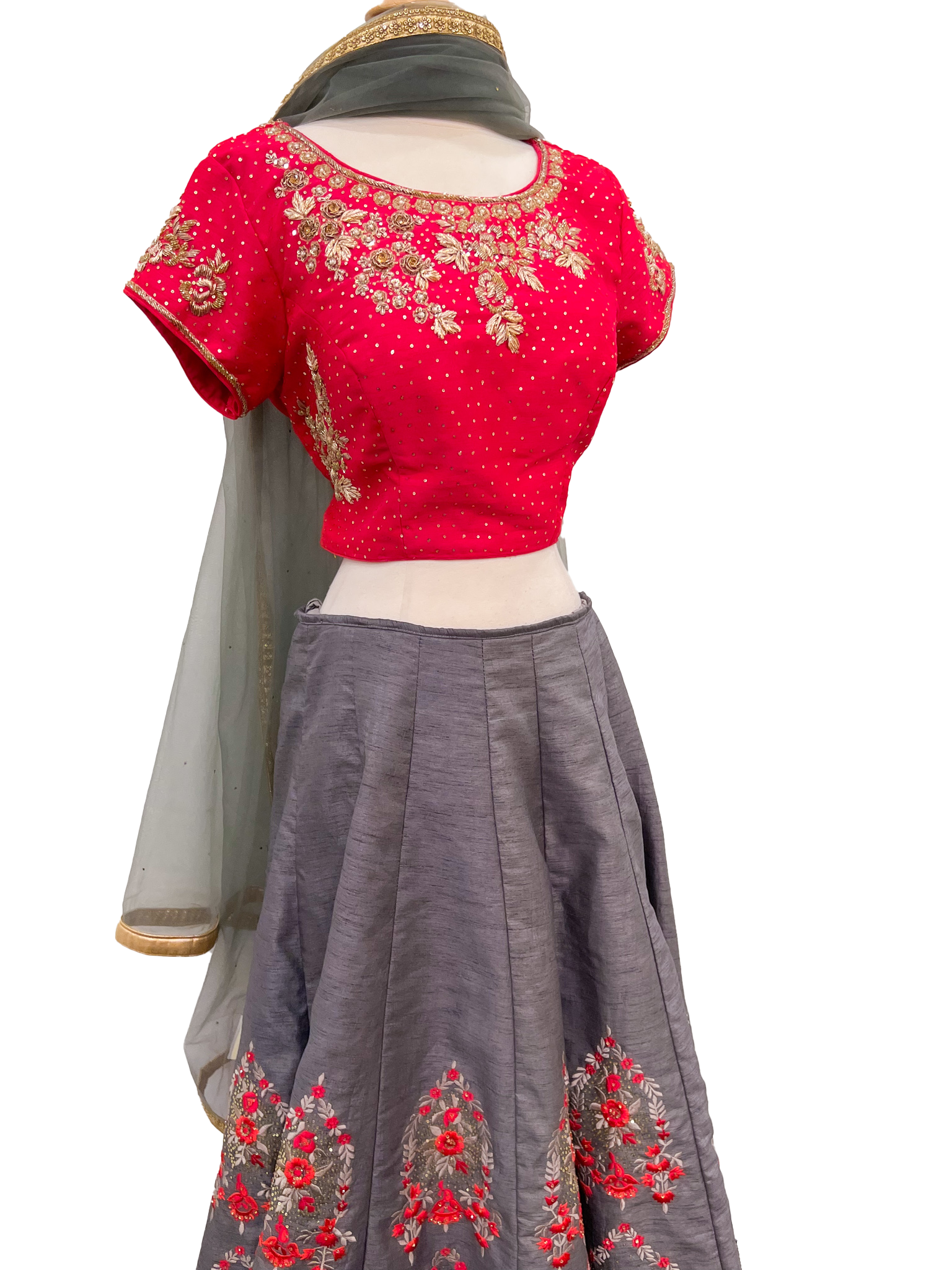 Buy Women Grey Thread And Sequin Embroidered Lehenga Set With Blouse And  Contrast Dupatta - Ready To Wear Lehengas - Indya