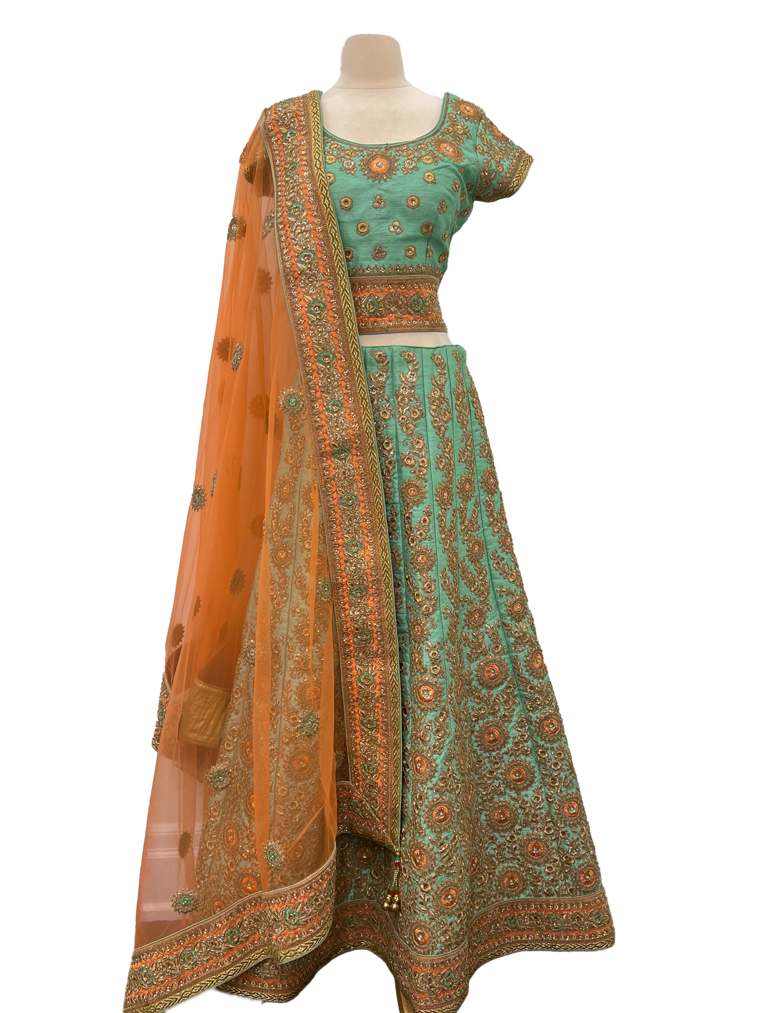 Turquoise & Orange Silk Lehenga