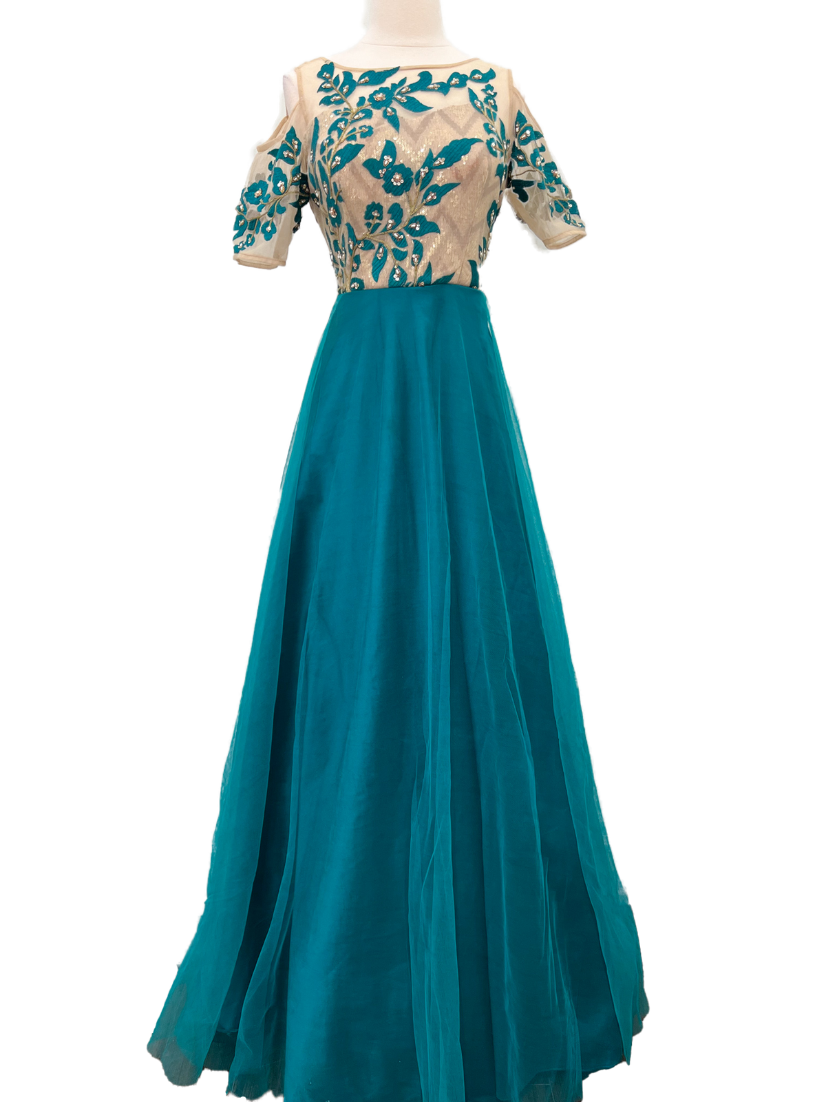 Turquoise &amp; Beige Gown with Cutout Sleeves