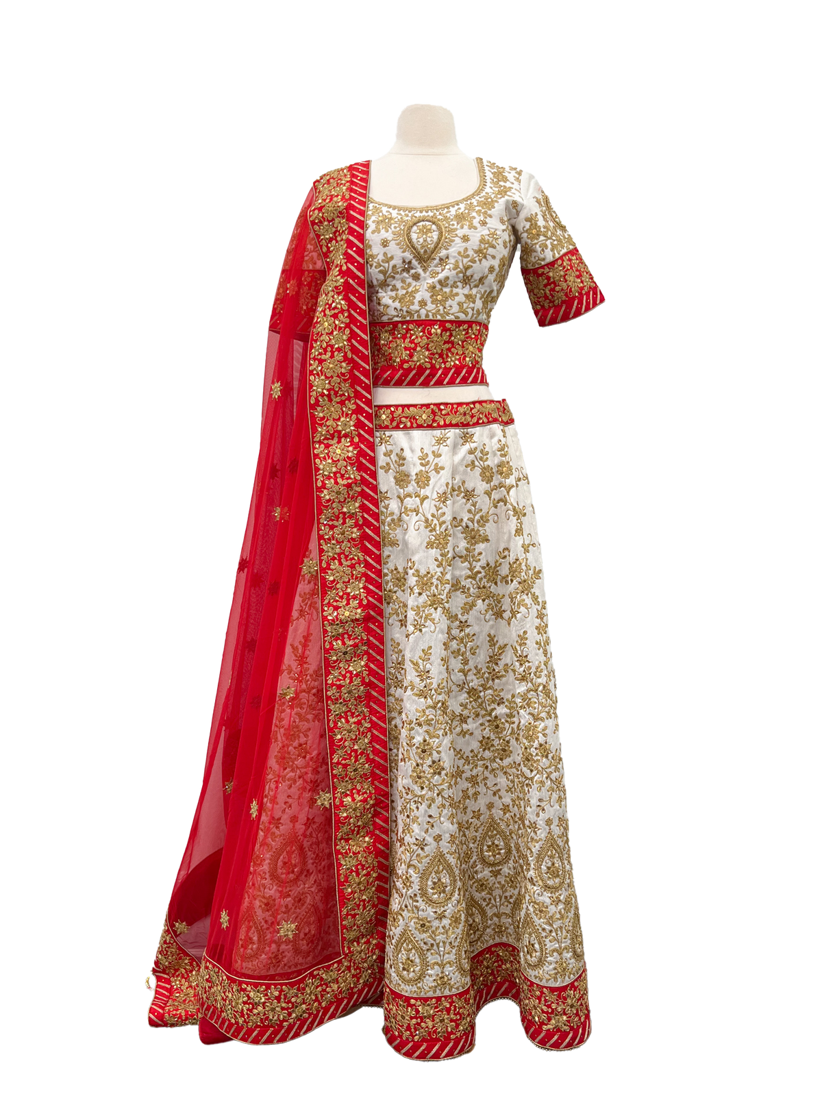 White &amp; Red Lehenga with Heavy Gold Detail