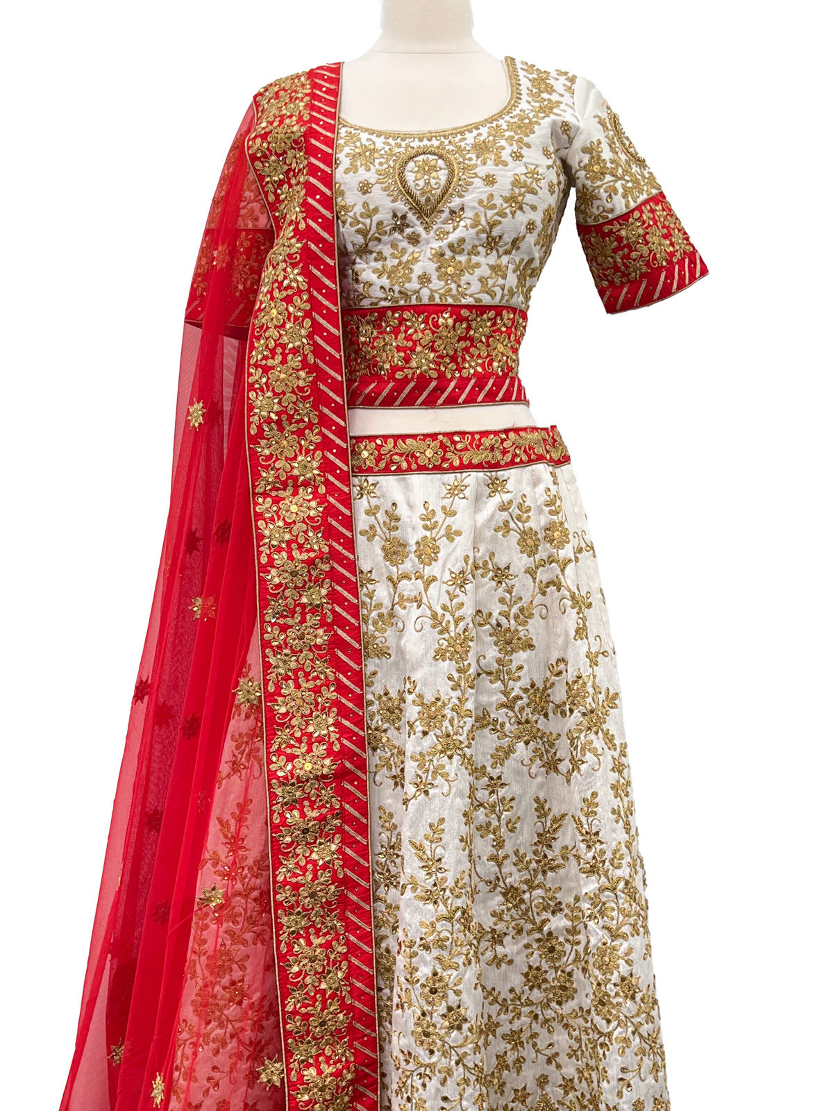 White &amp; Red Lehenga with Heavy Gold Detail