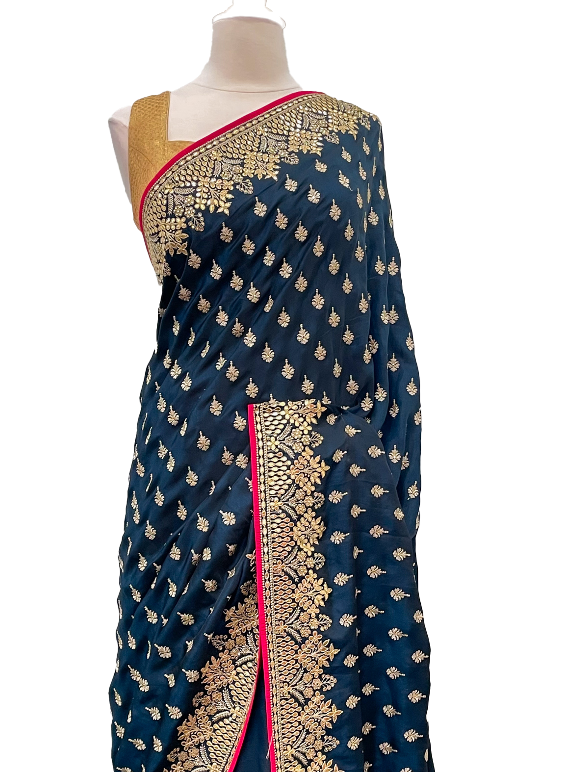 Navy blue cotton shop saree with golden border