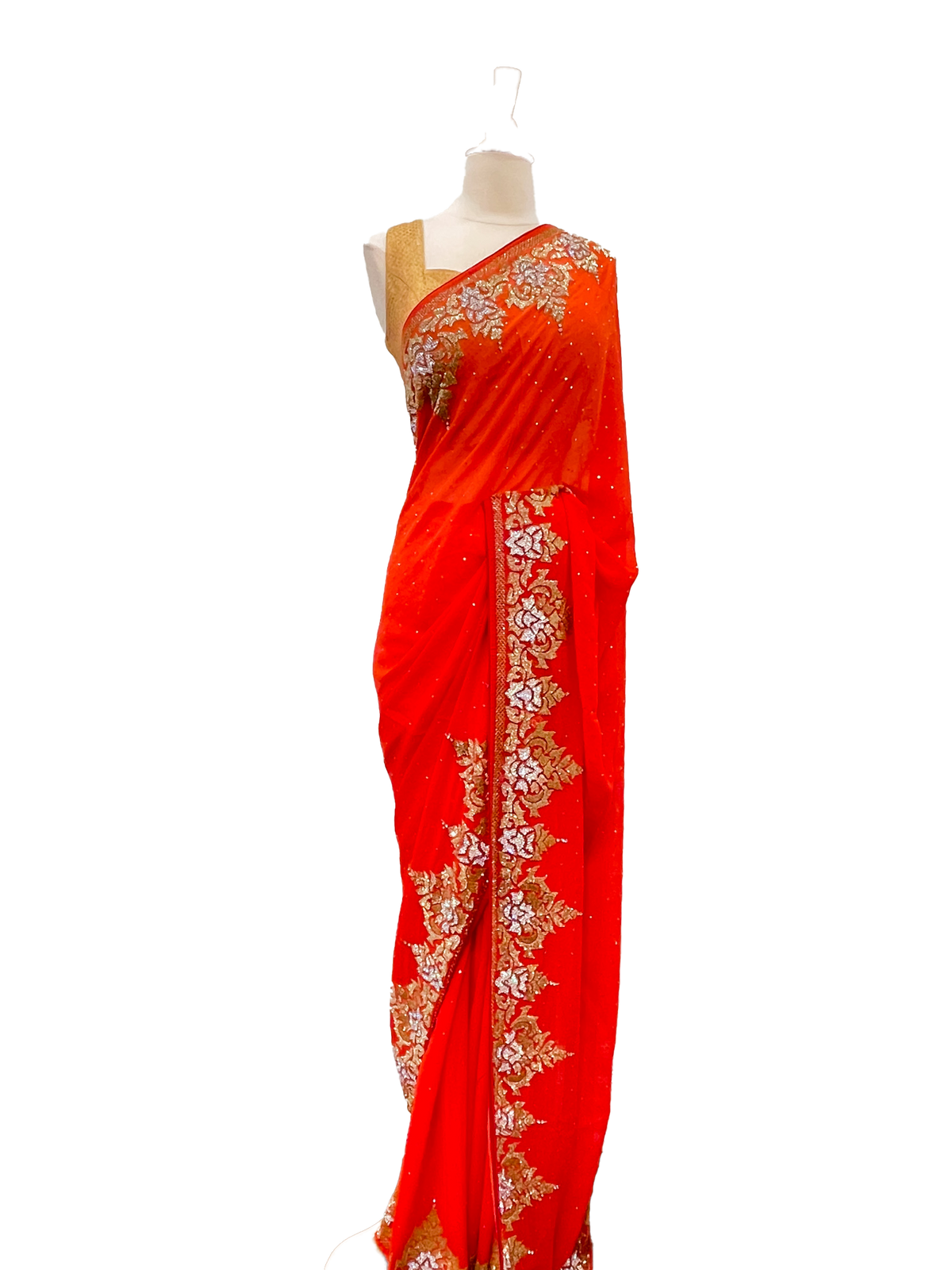 Red Georgette Saree with Gold and Silver Border