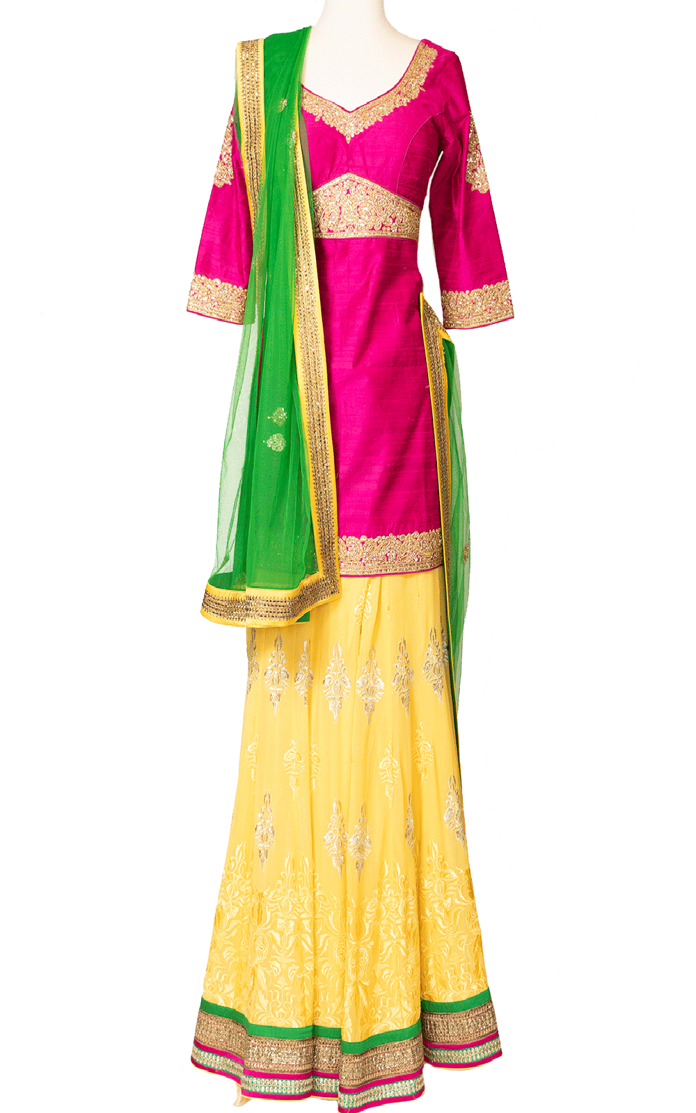 Pink and Yellow Sharara with Green Dupatta