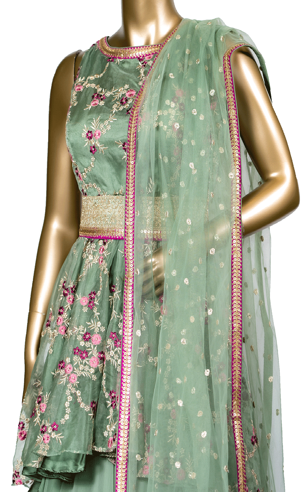 Sage Green Organza Floral Lehenga with High Low Top