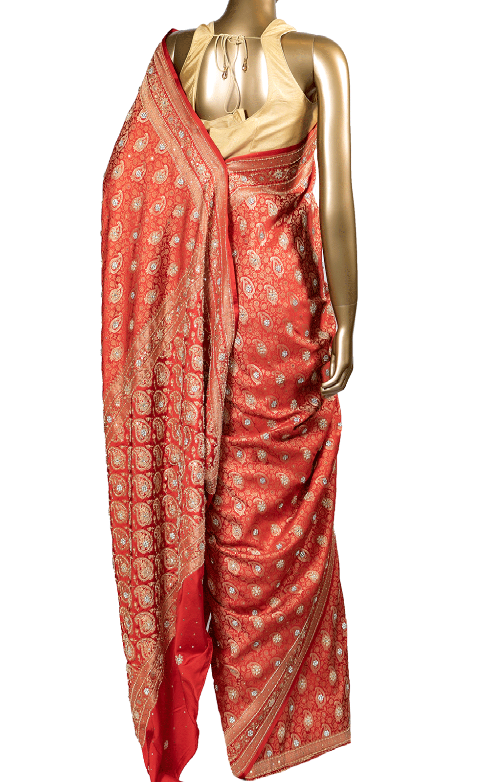 Red Banarsi Silk Saree with Stone Embroidery