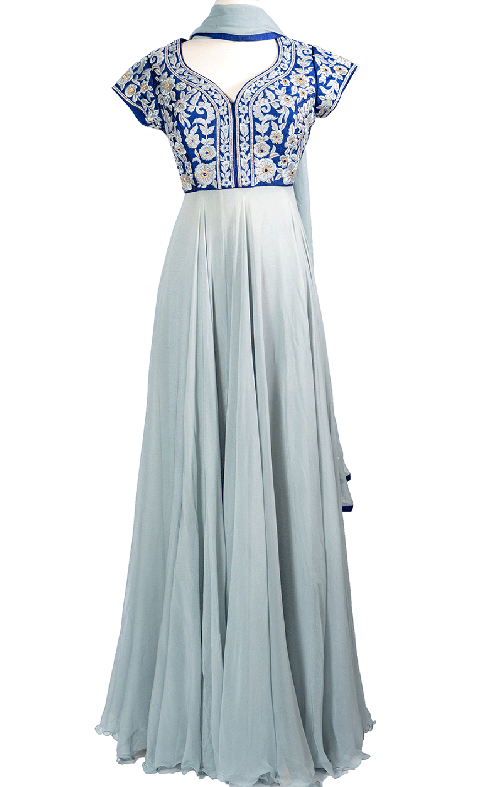 Blue Top Anarkali with Grey Floral Threadwork