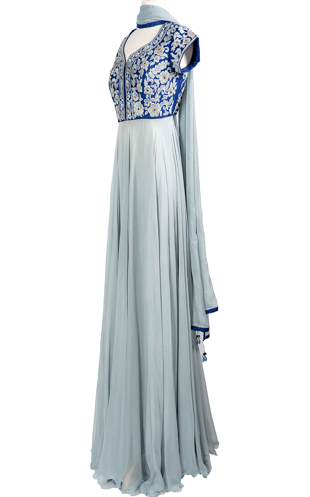 Blue Top Anarkali with Grey Floral Threadwork