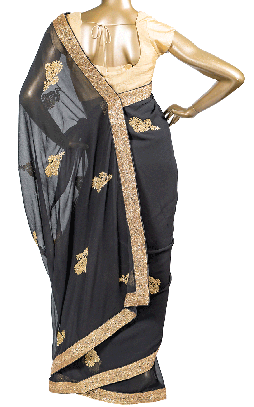 Black Saree with Gold Cut Dana Embroidery