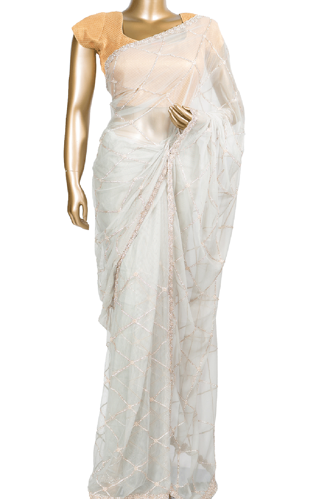 Dusty Green Saree with Pearl and Stone Cross Embroidery