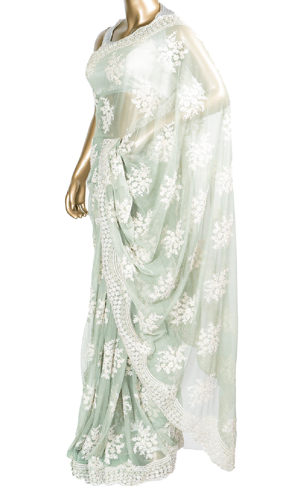 Mint Green Saree with White Pearl and Thread Embroidery