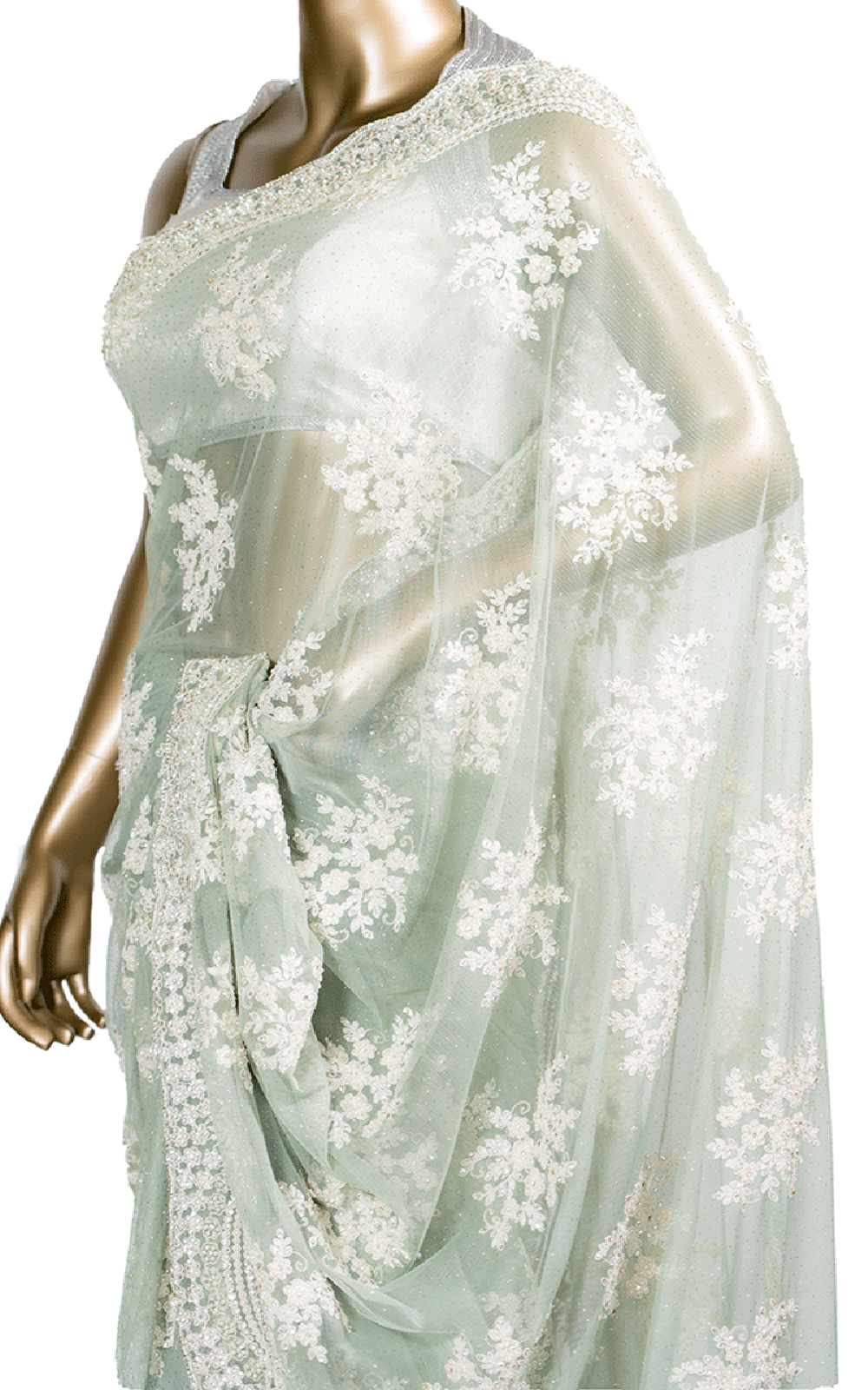 Mint Green Saree with White Pearl and Thread Embroidery