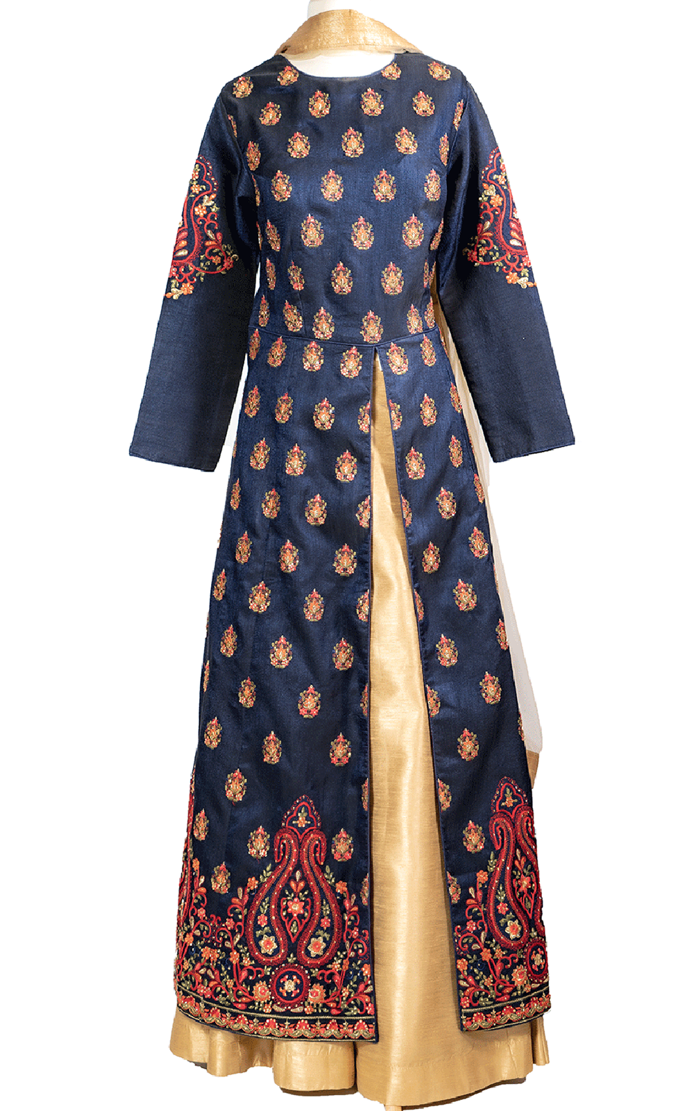 Blue and Gold Paisley Floral Thread Lehenga