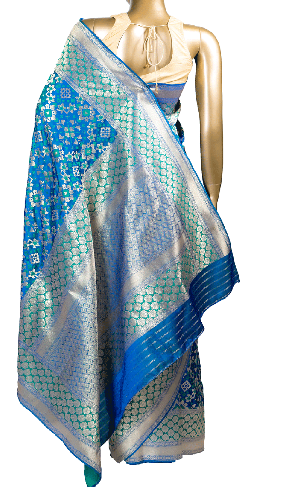 Blue Green Pixel Silk Saree with Banarsi Border