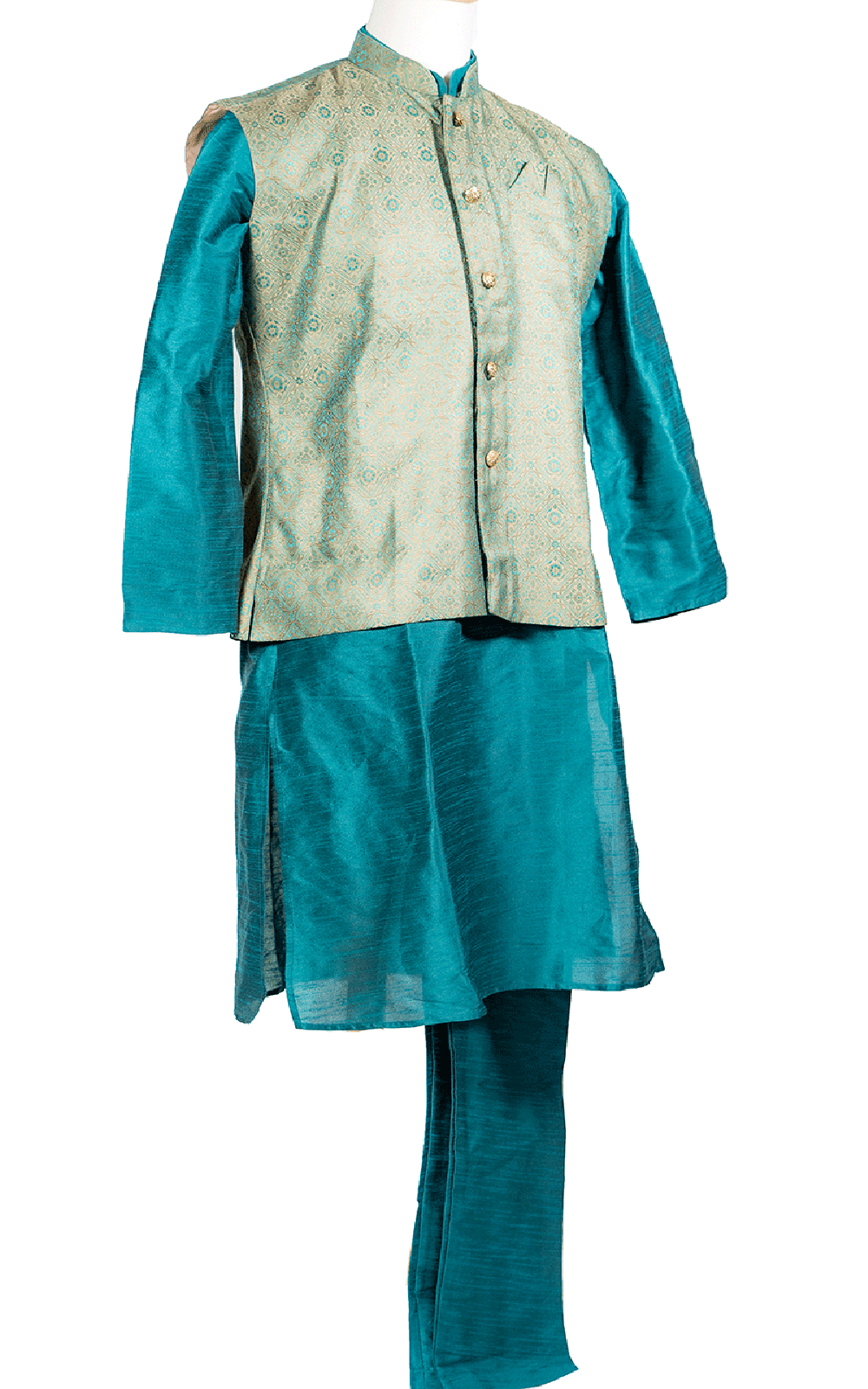 Blue Kurta Pajama with Green Brocade Vest
