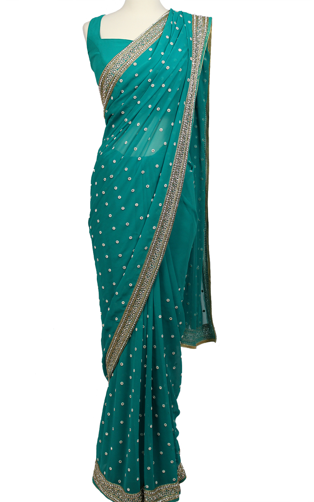Teal Pearl Embroidery Saree