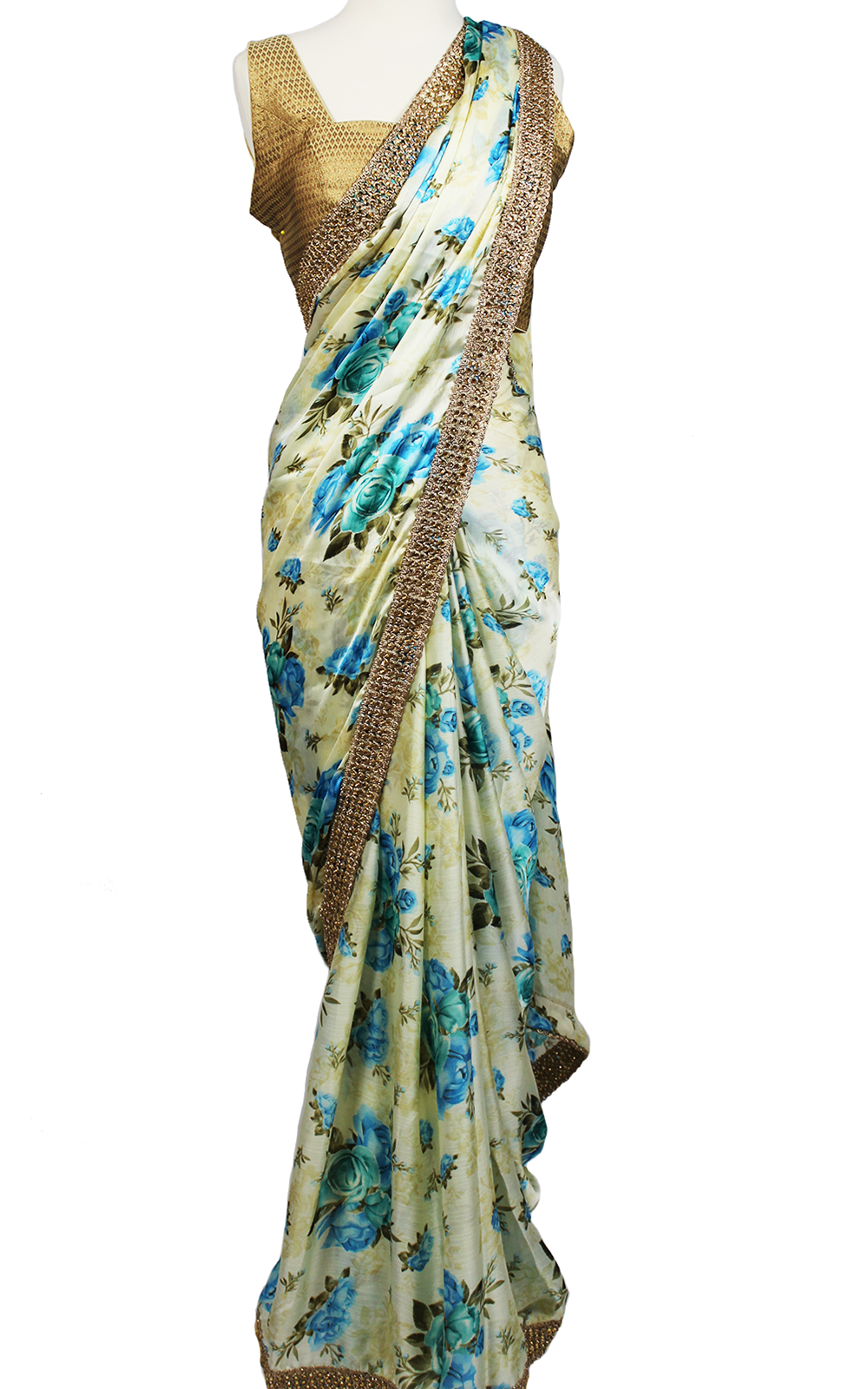 Floral Printed Saree with Gold Blouse