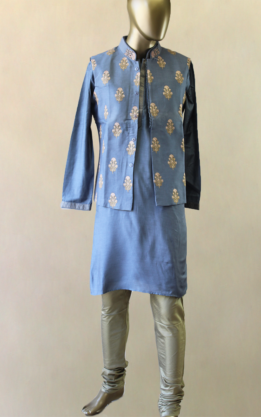 Grey Kurta Pajama with Floral Threaded Vest