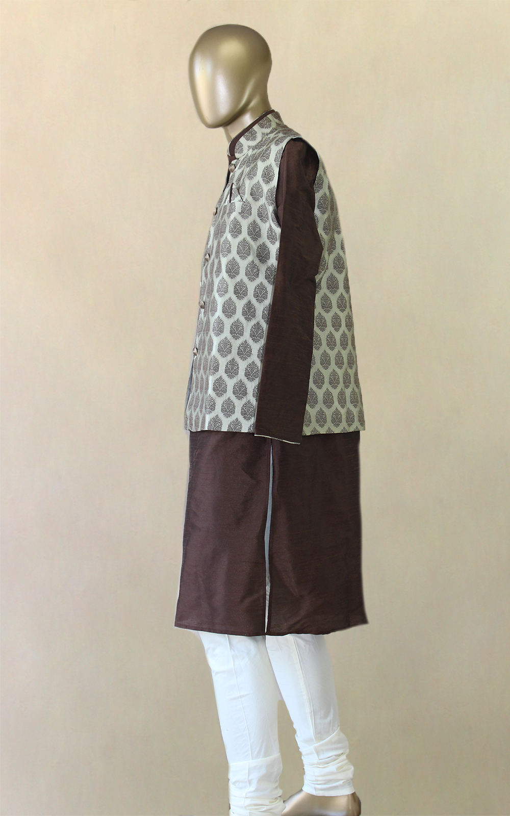 Chocolate Brown Kurta Pajama with Off White Brocade Vest